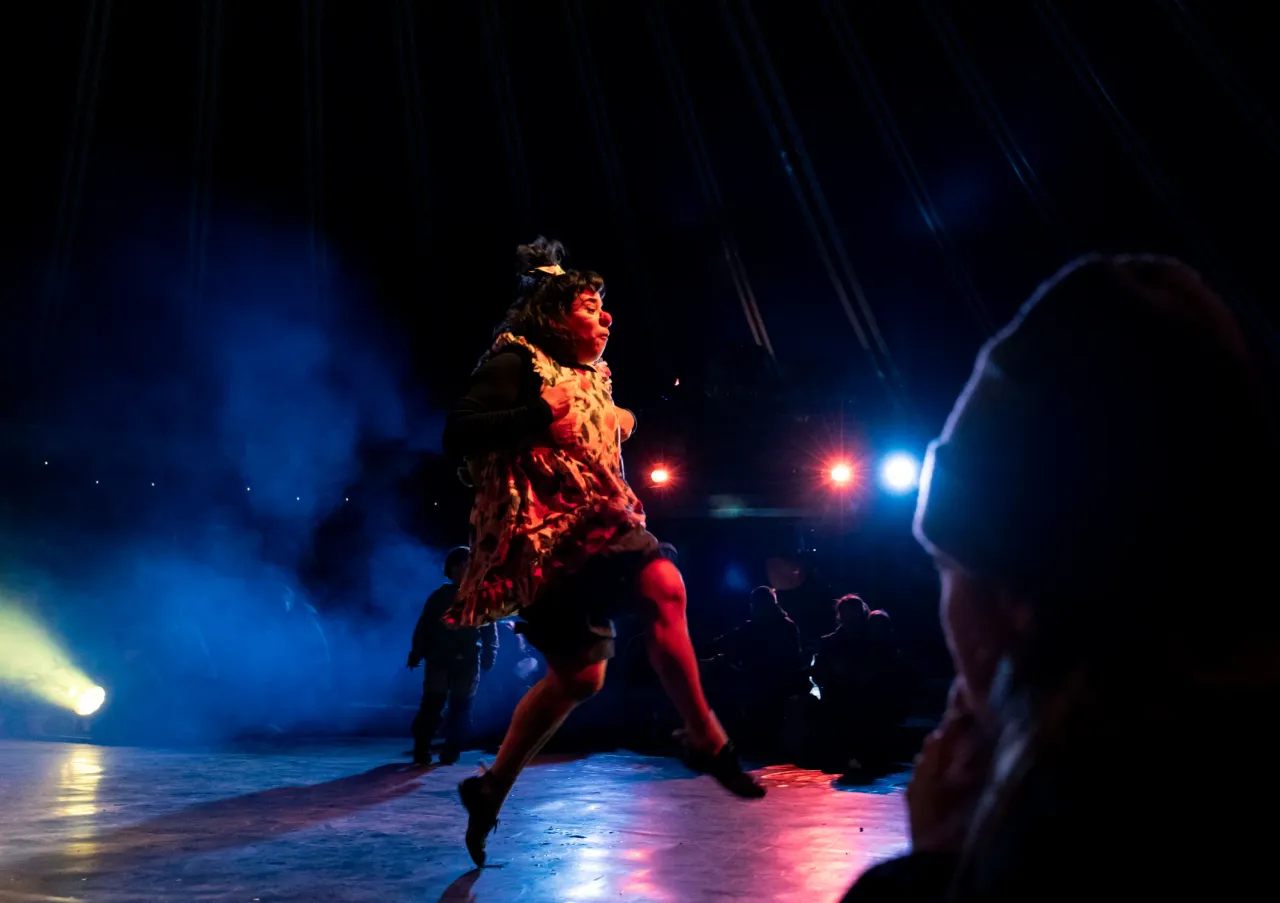 A clown in a floral dress leaping across a circus stage, an audience member silhouetted in the foreground